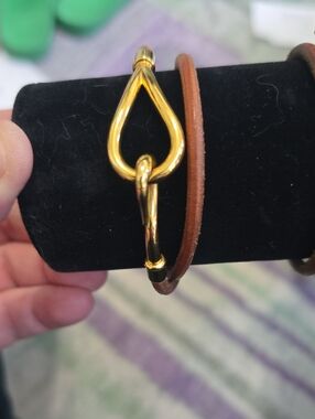 Hermes Gold Teardrop Hook Bracelet with Brown Leather Strap